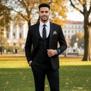 New 2026 Mens 3pc Solid Textured Black Suit Set, Hybrid Fit 2 (H2)